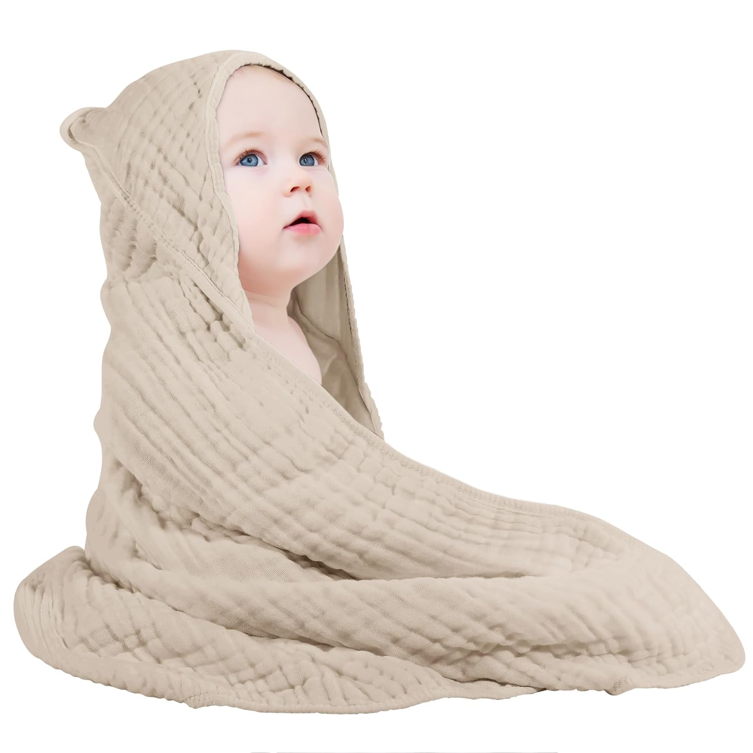 Yoofoss Hooded Baby Towels for Newborn 100% Muslin Cotton Baby Bath Towel with Hood for Babies, Infant, Toddler and Kids, Large 32X32Inch, Soft and Absorbent Newborn Essential
