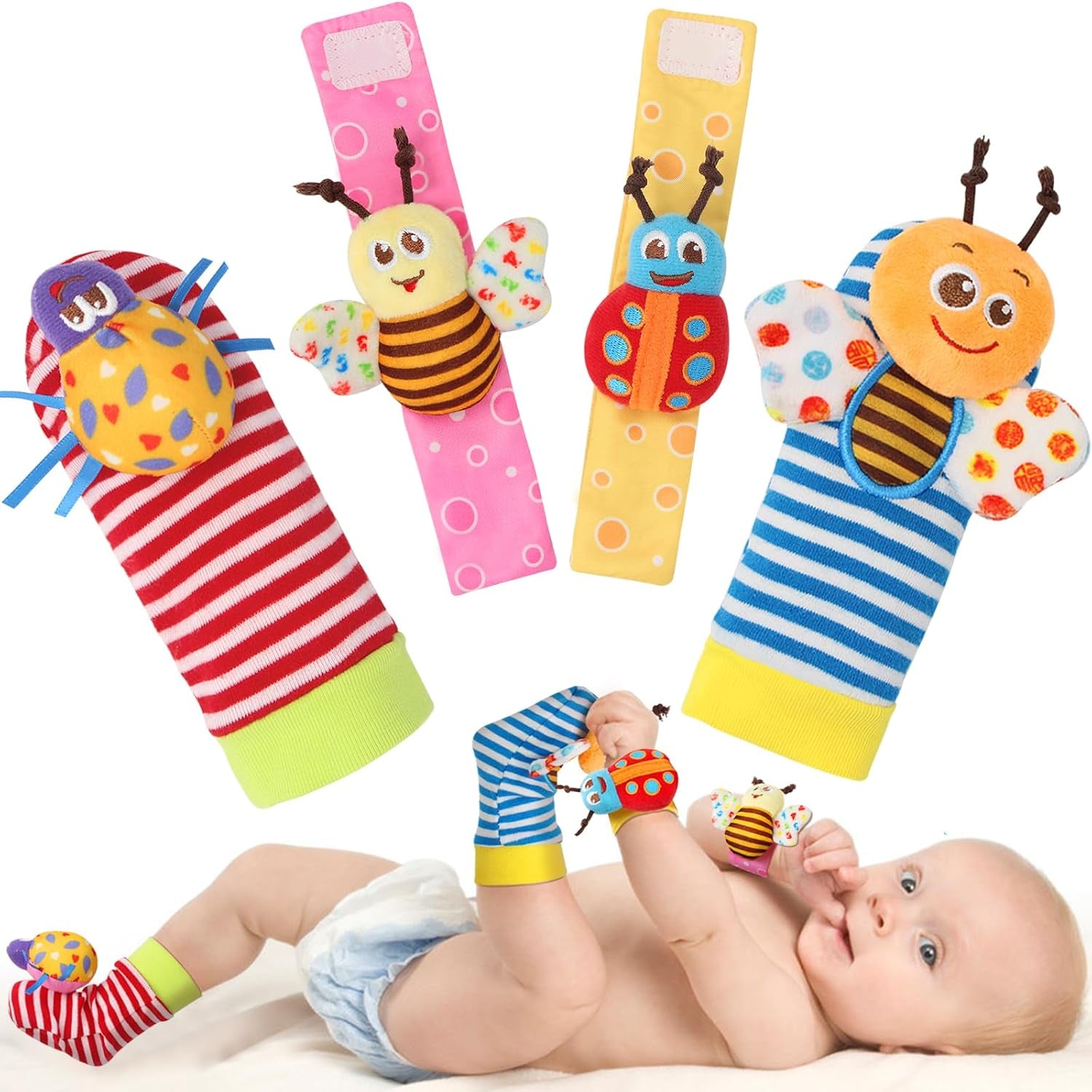 Bloobloomax Wrist Rattle Socks and Foot Finder Set, Infant Girl Boy Toys for Babies 0-36 Months, Newborn Hand & Foot Toys for 0 to 3 Years, Baby Shower Gifts Set