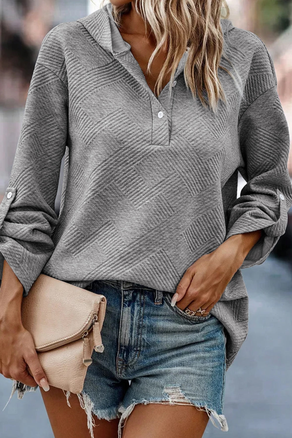 Medium Grey Textured Knit Pin-up Sleeve Pullover Hoodie
