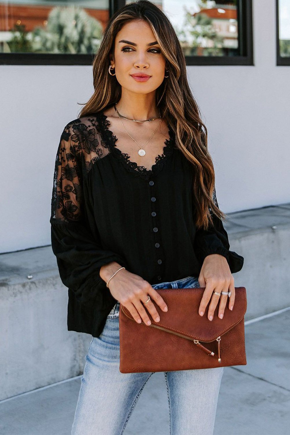V Neckline Lace Shoulder Blouse