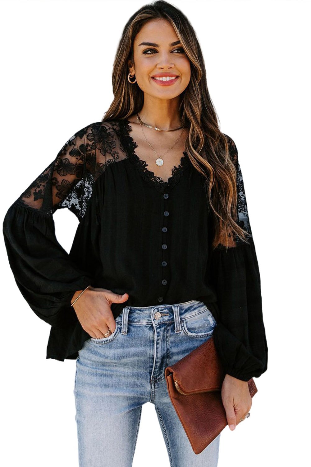 V Neckline Lace Shoulder Blouse
