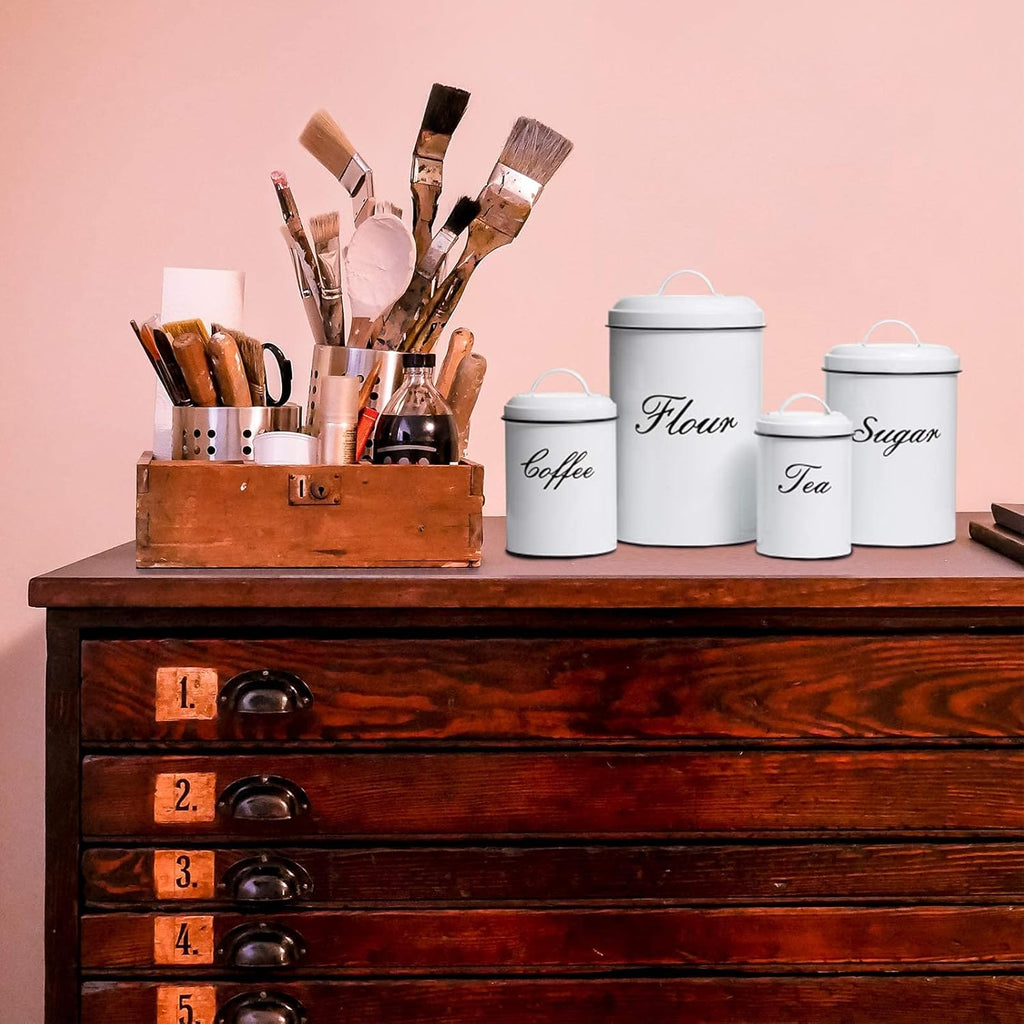 White Canister Sets for Kitchen Counter, Flour and Sugar Containers, Vintage Farmhouse Design Food Storage Container, 4 Pack