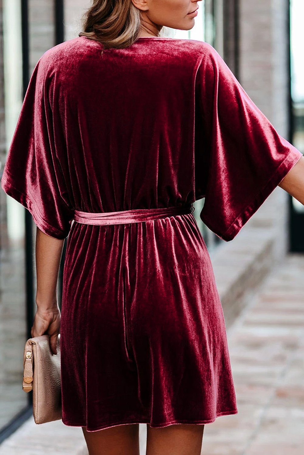 V-neck Half Sleeve Velvet Mini Dress with Belt
