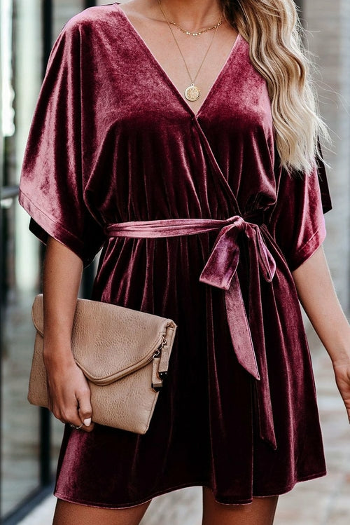 V-neck Half Sleeve Velvet Mini Dress with Belt