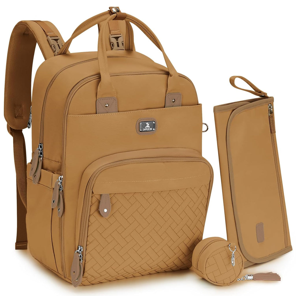 Dikaslon Diaper Bag Backpack with Portable Changing Pad, Pacifier Case and Stroller Straps, Large Unisex Baby Bags for Boys Girls, Multipurpose Travel Back Pack Moms Dads, Brown