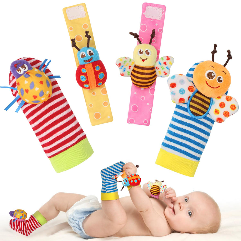 Bloobloomax Wrist Rattle Socks and Foot Finder Set, Infant Girl Boy Toys for Babies 0-36 Months, Newborn Hand & Foot Toys for 0 to 3 Years, Baby Shower Gifts Set