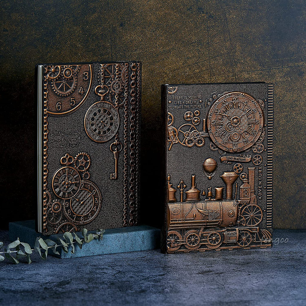 Vintage 3D Embossed Leather Writing Journal with Diamond Pen Set,A5,200Pages,Antique Handmade Daily Notepad Sketchbook,Travel Diary&Notebook to Write In,For Women Men (Train-(Redbronze))